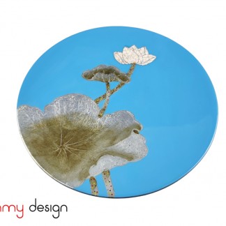 Blue round lacquer dish hand-painted with lotus( not included with stand) 25 cm